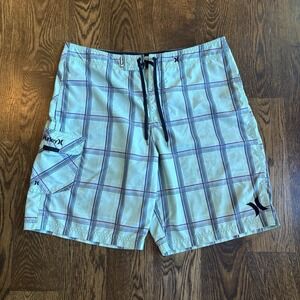 VTG 2000s Hurley Board Shorts Mens Plaid Swim Trunks Aqua Teal Cargo Surf Y2K 38